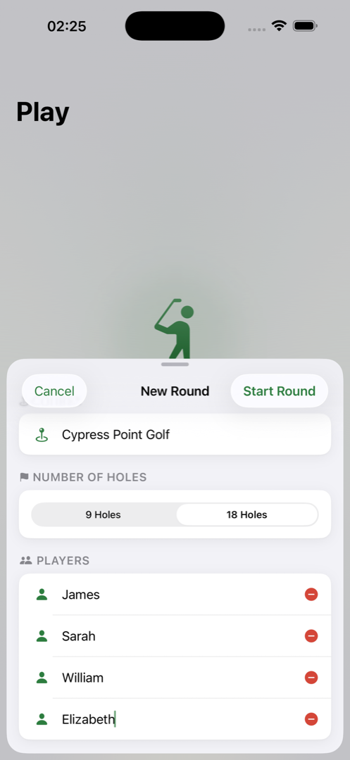Birdie app - start a new round with up to 4 players