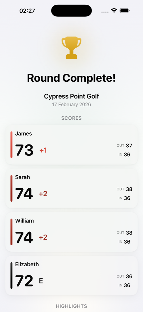 Birdie app - round complete with final scores