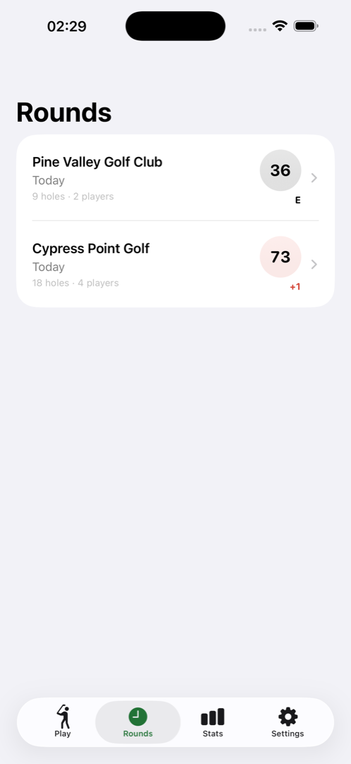 Browse your round history with scores and dates